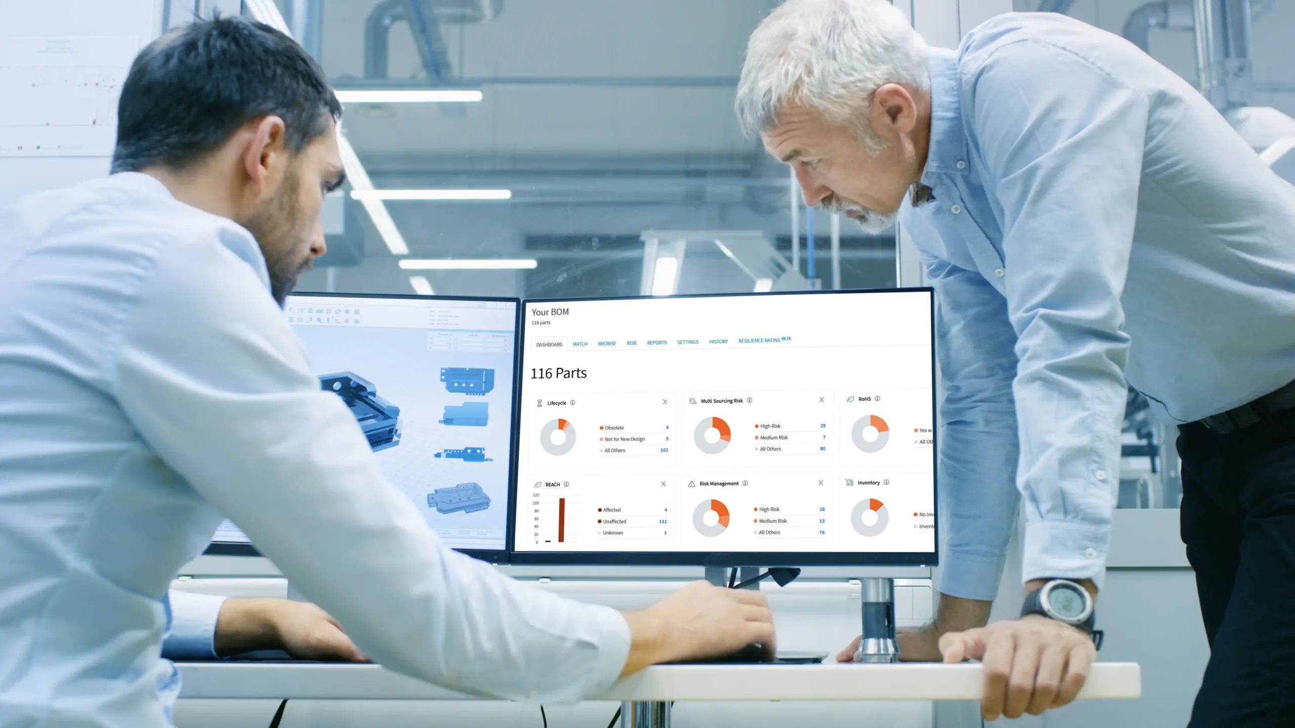 Two workers looking at the BOM Manager Dashboard on a computer in an office setting